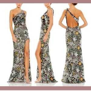 Mac Duggal One-Shoulder Floral Gown in Black and Gold